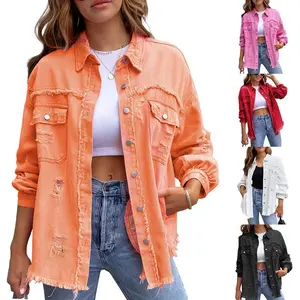 Women's Ripped Distressed Denim Jacket Casual Long Sleeve Boyfriend Jean Coat Basic Trucker Jackets