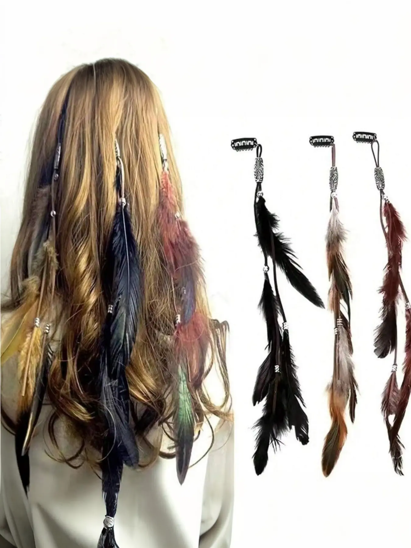 1/3pcs Artificial Feather Boho Style Feather Tassel Hair Clip With Snap, Suitable For Women Daily Use,Hair Accessories,Hair Barrettes Hair Clips Claw Clips Hair Claws Clip In Claw, Fun Claw Clips, Synthetic Hair Clips, Hair Decor