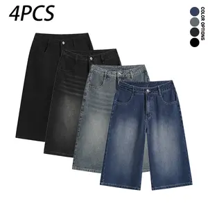 Pack of 4 men’s casual retro denim shorts—7/8 length, loose fit, washed distressed look with pockets, can be worn with a belt for everyday casual wear and sports.