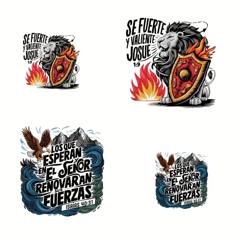 4-Piece Set Spanish Inspirational Quote with Vivid Lion Pattern Iron-On Patches, Embellishments, Appliques - Cloth patches with Christian scriptures and lion designs for T-shirts, bags, and hats - Men's casual style decoration