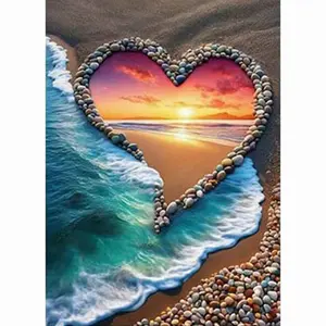 Heart Shaped Pebble Beach Sunset 5D Full Drill Diamond Painting Kit Romantic Design with Shimmering Wave and Sun Glow Accents Peaceful Coastal Art Style DIY Art for Home Wall Decor Ideal Gift for Romantic Art Fans and Craft Enthusiasts