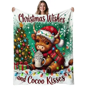 Scottish Highland Flannel Blanket - 280gsm Ultra-Soft Double-Sided All-Season Plush Bedspread, Holiday Print Blankets with Santa Hat, Scottish Tartan & Cow Themes, Cozy Bedding Gift for Bed, Christmas