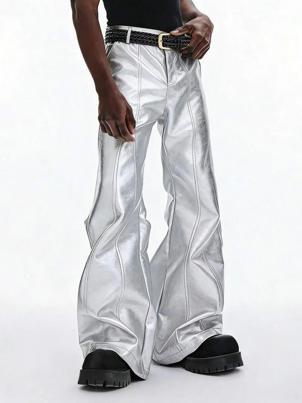 Jeans for men - Men's PU Leather Metallic Wide Leg Pants, Reflective Flare Trousers, Rave Party Streetwear mens clothing male clothing trending clothes baggy jeans for men pants for men streetwear clothing fall clothing y2k clothing