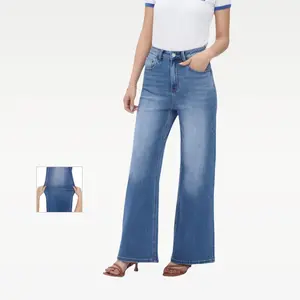 BlueMoment Wide Leg High Waisted Stretchy Jeans Women Baggy Fit with Buckle Tummy Control Comfortable Denim BBL Streetwear M042701