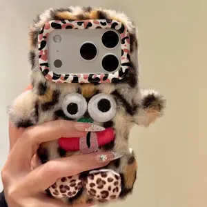 Leopard Print Plush Funny Monster Case For iPhone14/15/16 Series | 3D Limbs + Exaggerated Face + Pink Leopard Lens Frame | Soft Fur Full Cover + Shockproof Scratch-Resistant | Fall-Winter Outing Wild Trendy Cute Style