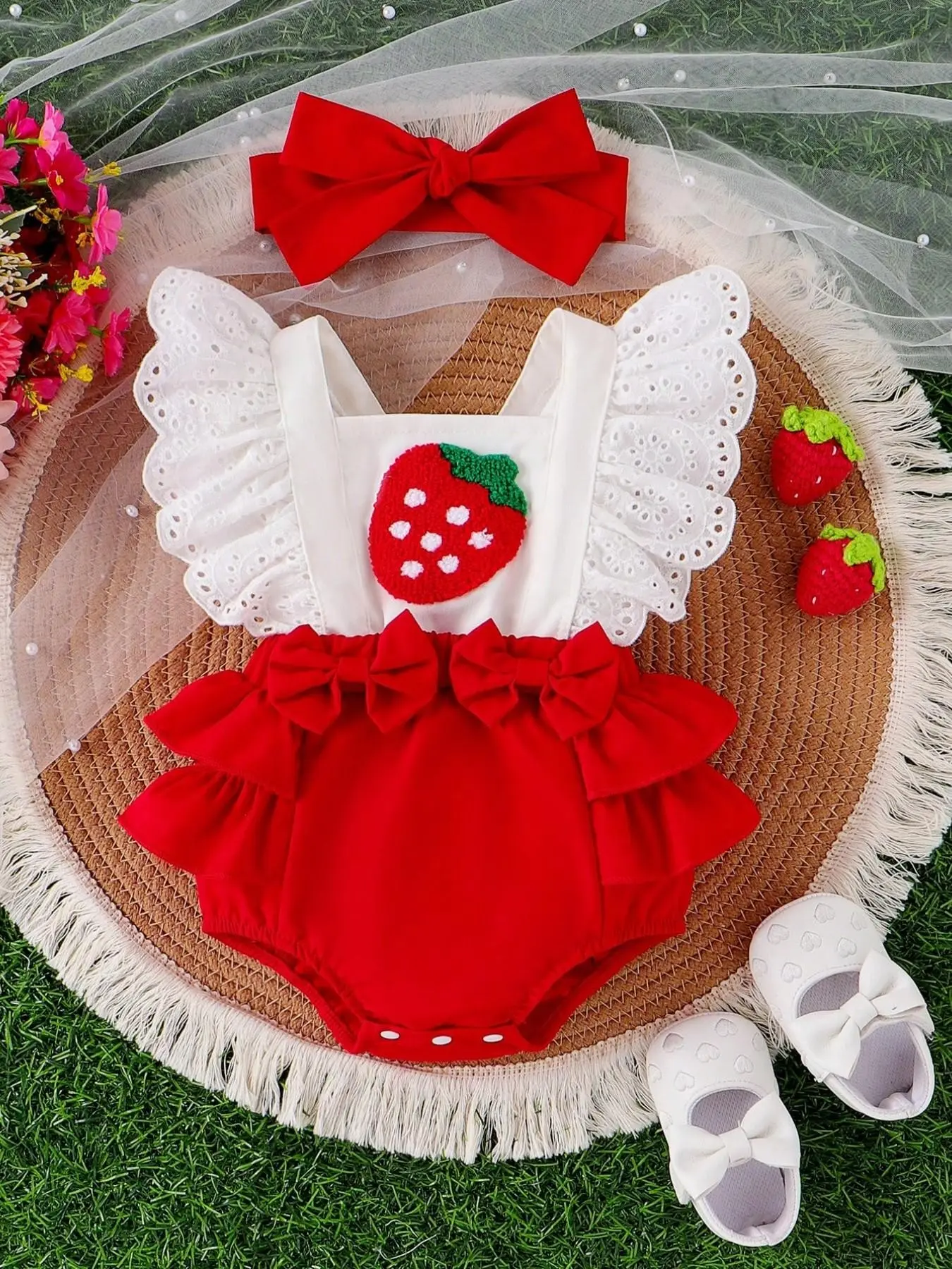 Baby Girl Newborn 2-Piece Summer Special Gift Set Clothes, Strawberry Embroidered Ruffle Patchwork Backless Sleeveless Lace Trim Triangle Romper Bodysuit with Headband