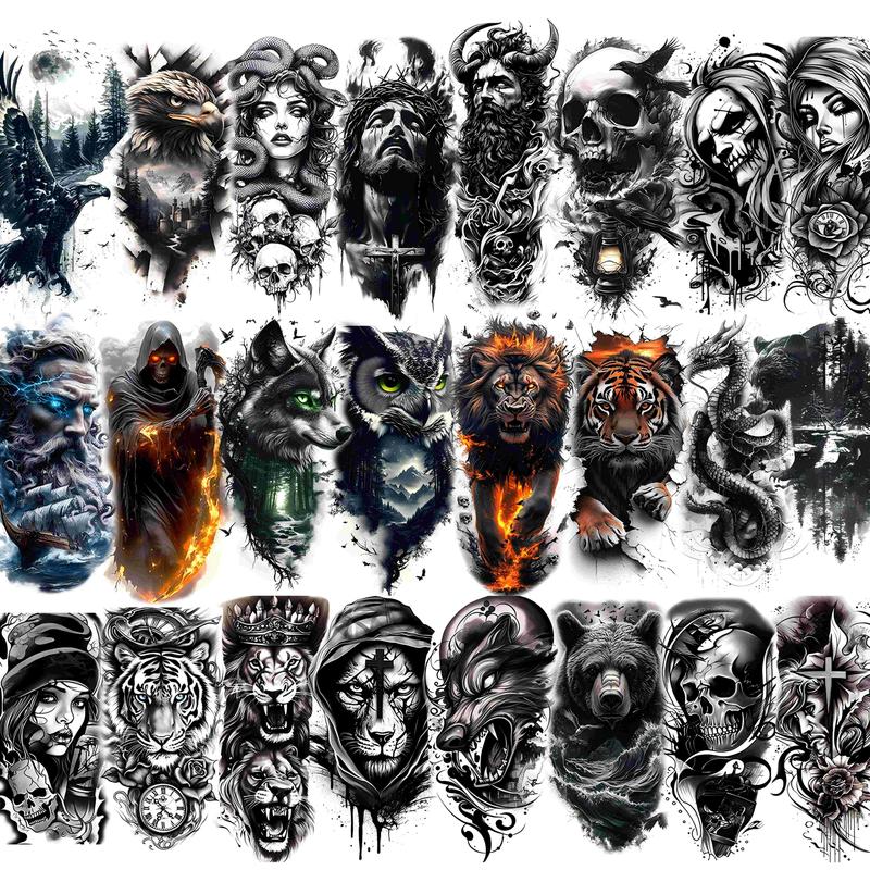 GLARYYEARS 24-Pack Half Sleeve Temporary Tattoos for Adults - Realistic 3D Halloween Cosplay, Lion, Eagle, Skull, Jesus & Greek God Gothic Designs | Waterproof Forearm Body Stickers for Men & Women