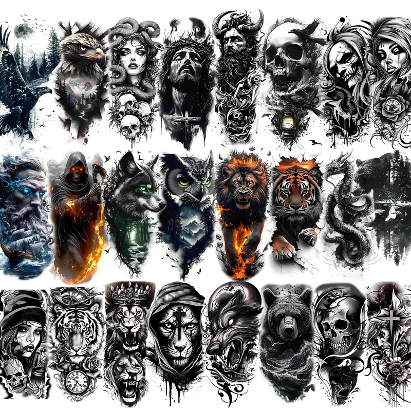 GLARYYEARS 24-Pack Half Sleeve Temporary Tattoos for Adults - Realistic 3D Halloween Cosplay, Lion, Eagle, Skull, Jesus & Greek God Gothic Designs | Waterproof Forearm Body Stickers for Men & Women
