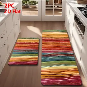 2pcs/3pcs High-End Printed Durable Door Mats, Rainbow Wave Stripes, Gradient Colors, Hand-Painted Texture, Living Room Decor Mat