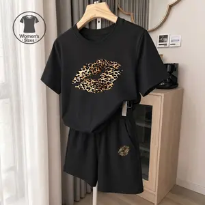 Women's Leopard-Print Lips Graphic Short Sleeve T-Shirt And Shorts Set, Casual Summer Two-Piece Outfit With Crew Neck Top And Drawstring Waist Shorts For Daily Wear