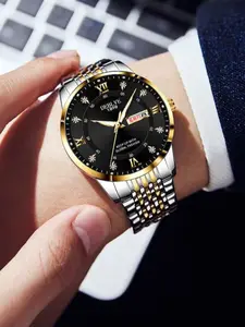 Classic Fashion Ultra-Thin Watch, Night Glow Dual Calendar Steel Band, Men's Waterproof Diamond Quartz Analog Watch, Stylish Timepiece, Modern Fashionable Wristwatch