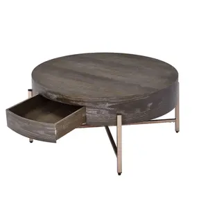 HomeRoots 32 in. Champagne & Dark Oak Round Storage Coffee Table with Drawer, Modern Accent Table, Modern Accent Tables