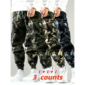 3-Pack Men's All-Season Camouflage Cargo Pants, Elastic Waistband with Multiple Pockets, Breathable Polyester Casual Pants for Daily Outdoor Wear