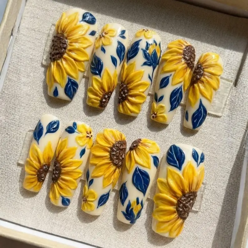 Sunflower Press On Nails 3D Floral Yellow and Navy Blue Summer Vibe