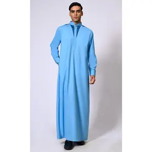 Sky Blue Men's Thobe with Satin Stitch Embroidery and Pockets - Final Sale