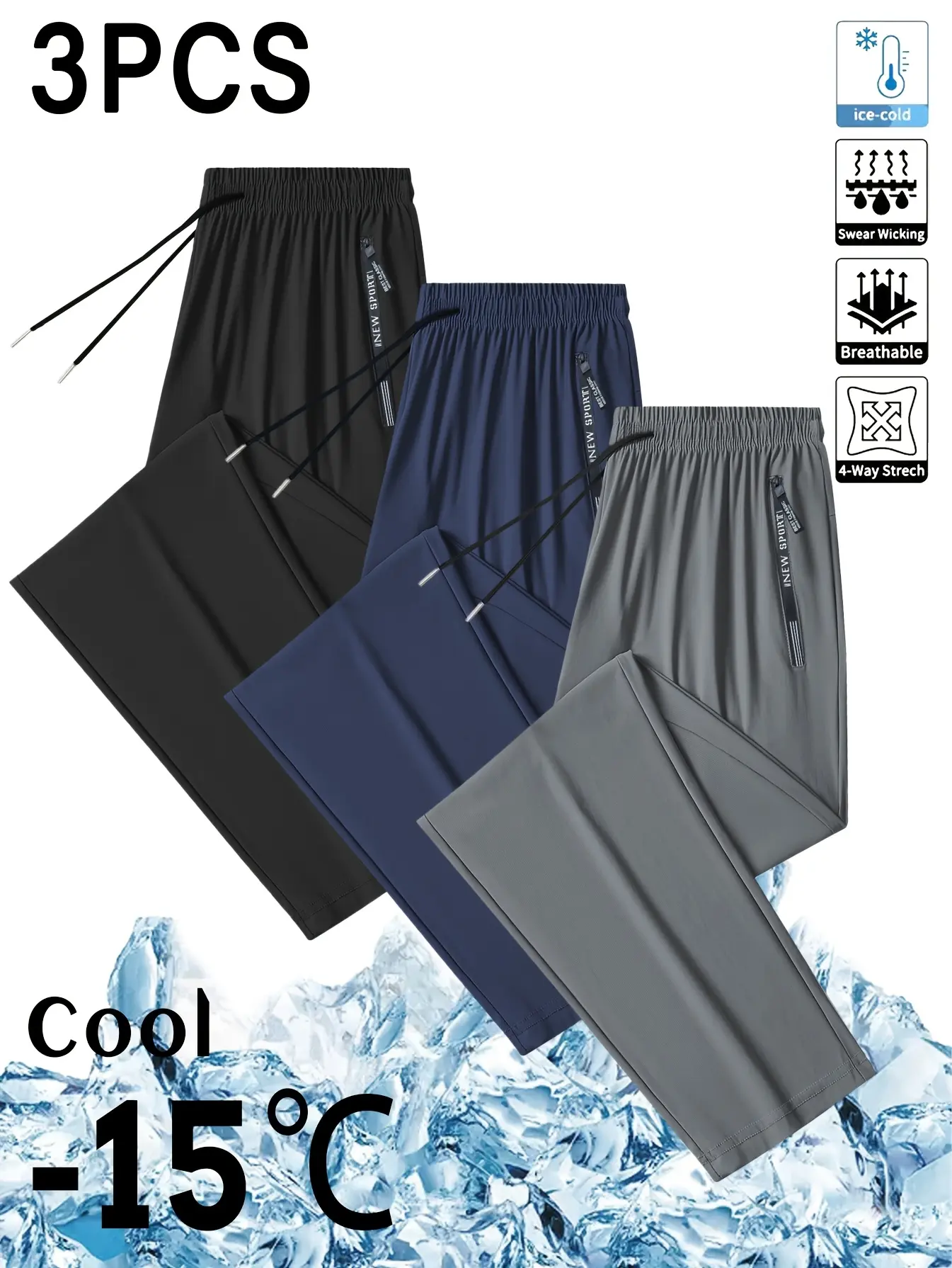 Men’s 3-Pack Loose-Fit Plain Polyester Blend Athletic Jogger Trousers - Unisex, Soft Stretch, Breathable, Drawstring Cuffs, Zippered Pockets, Summer Workout Bottoms, Camping Essentials, Men’s Sweatpants