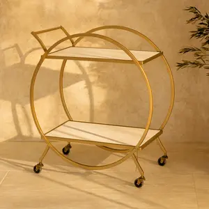 Metal Rolling Round 2 Shelf Home Bar Cart with Wheels and Handle