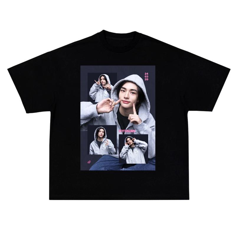 Hyunjin Homeless Children Kpop Fan T-shirt American Hip Hop Summer New Men and Women Retro Fashion Short-sleeved Top Casual Grey