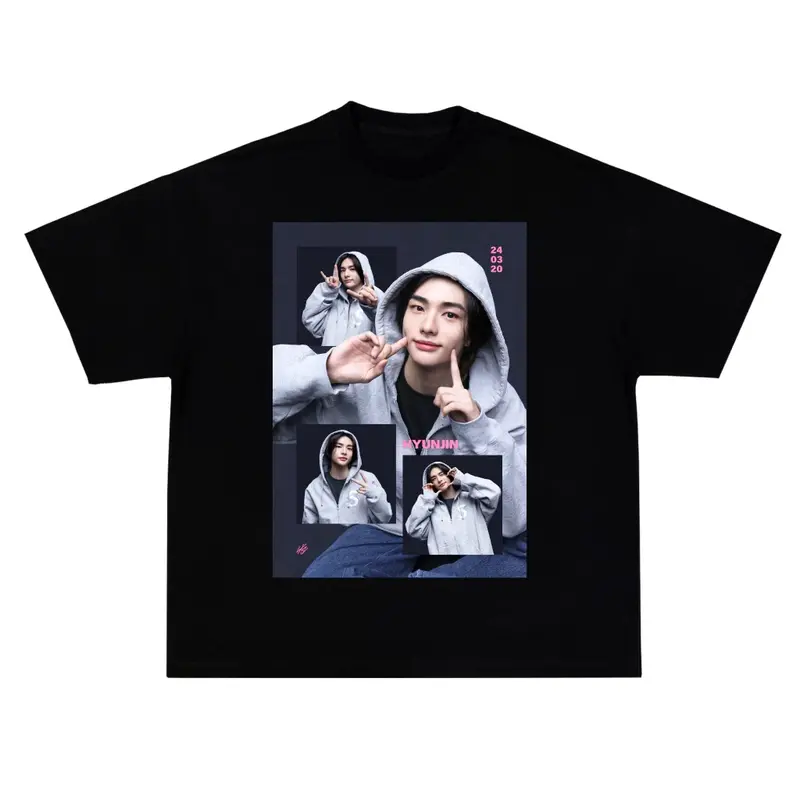 Hyunjin Homeless Children Kpop Fan T-shirt American Hip Hop Summer New Men and Women Retro Fashion Short-sleeved Top Casual Grey