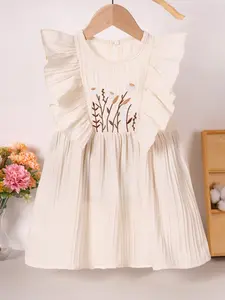 1pcs Summer Baby Girl Dress, Small Flower Design, Short Sleeve, Round Neck, Pure Color, Sweet Garden Style, One Piece