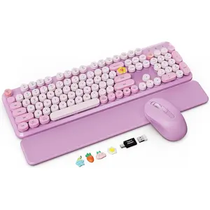 Keyboard and  Combo - Cute Typewriter Keyboard with Detachable Wrist Rest, Retro Round Keycaps, Foldable , 2.4GHz Full-Size Keyboard for PC, Laptop, Windows (Lavender )