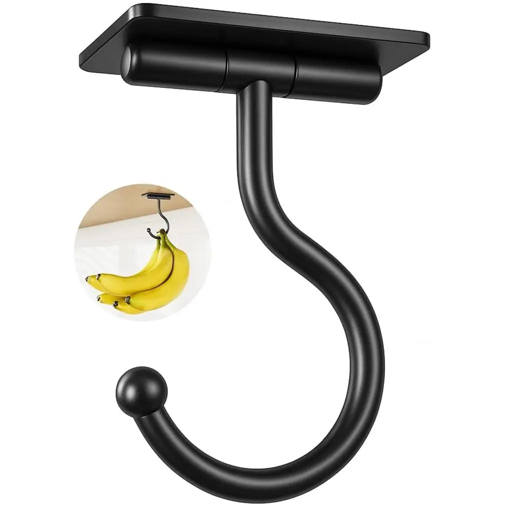 Under Cabinet Banana Hook Adhesive - Sticky Banana Hanger Under Counter, Sturdy Metal Banana Holder for Hanging Bananas or Kitchen Utensil, Banana Saver, Keeps Bananas Fresh, Black