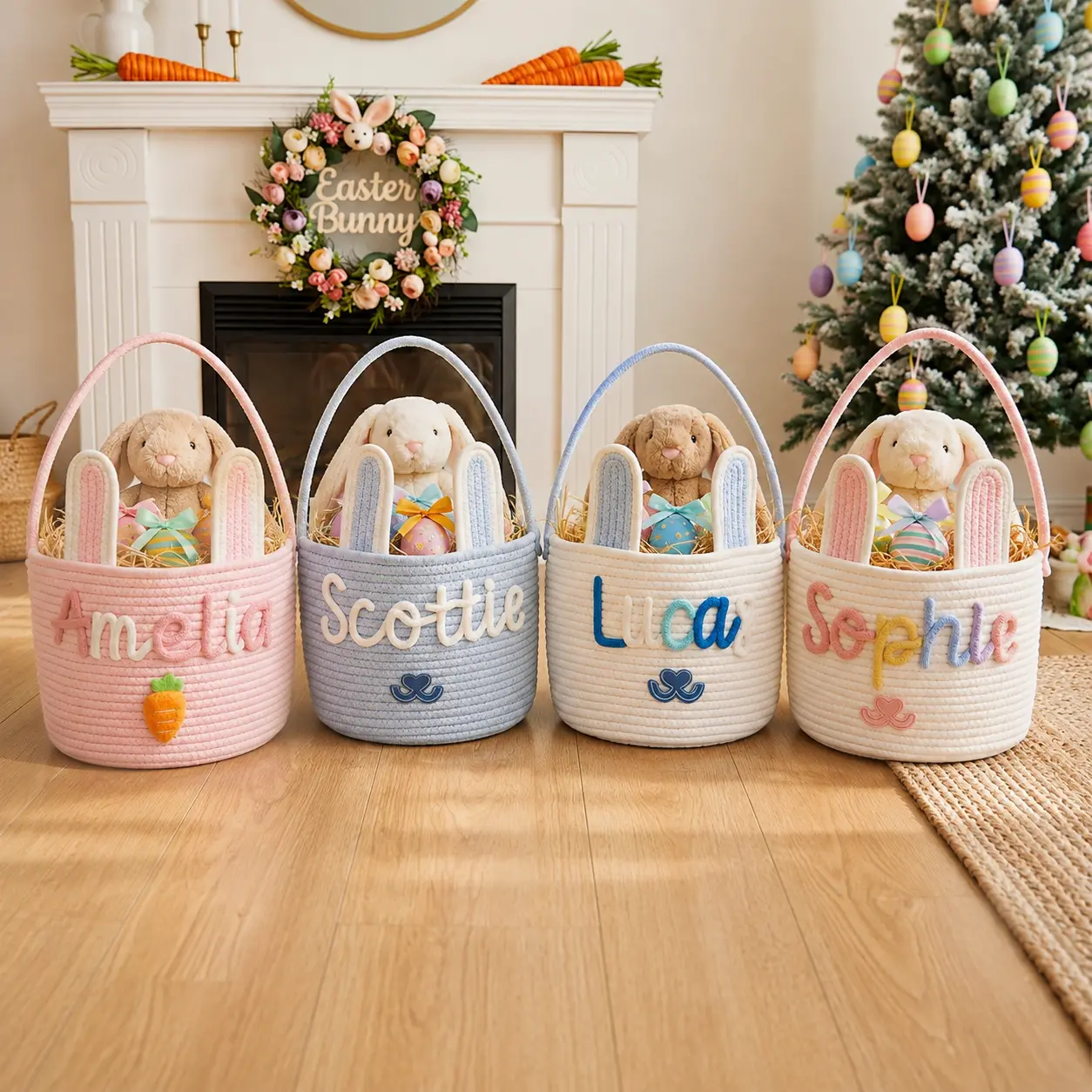 Large Easter Egg Hunt Bucket | Sturdy Rope Basket with Handle | Custom Name Carrier | Kids Spring Party Favor, Made to Order