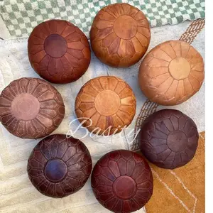 Exquisite Needlework Round Moroccan Pouf - Elegant Leather Footstool, Coffee Table & Ottoman for Living Room