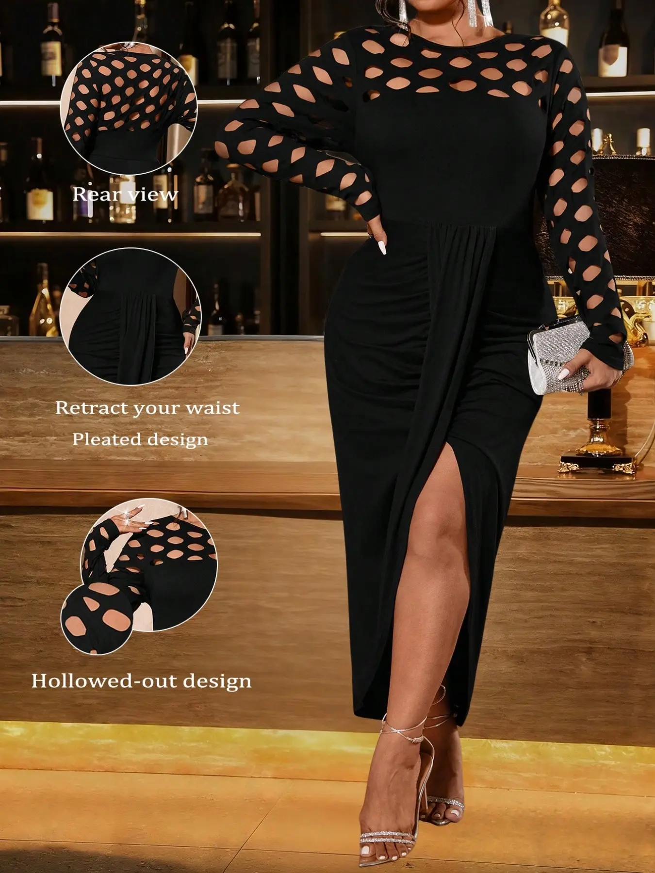 Hollow Out Long Sleeve Split Hem Bodycon Dress, Sexy Empress Style, Waist Cinching, Slimming, Fit, Plus Size Women's Party/casual/Formal Wear, Womenswear, Lady