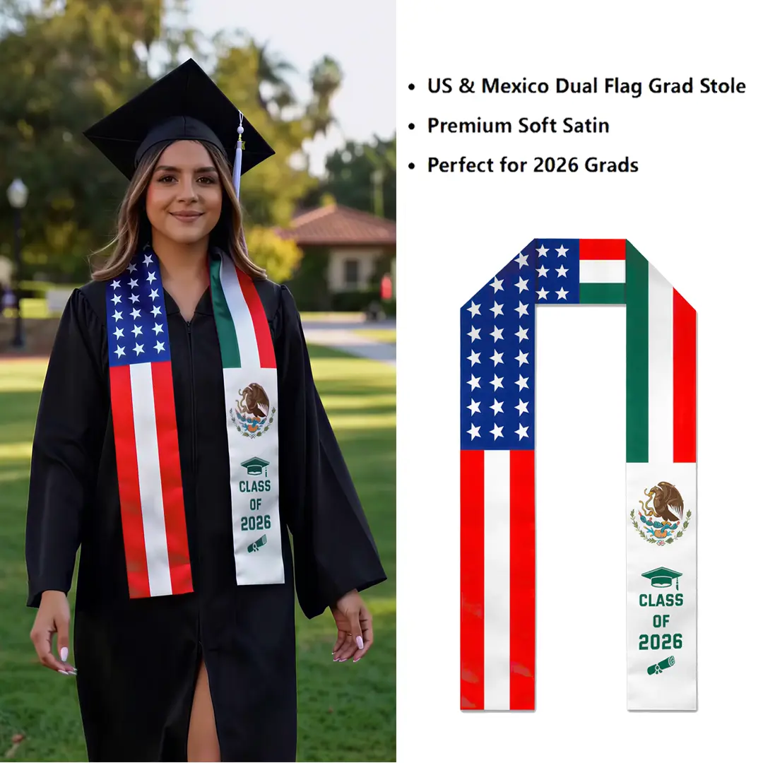Mexican American 2026 Commencement Stole - Dual US-Mexican Heritage Graphic Silky Satin Shawl Cape Set, US Pride 72in United States Flag Grad Sash for International Study Abroad Students Class of 2026, Graduation Cords, 1 Size