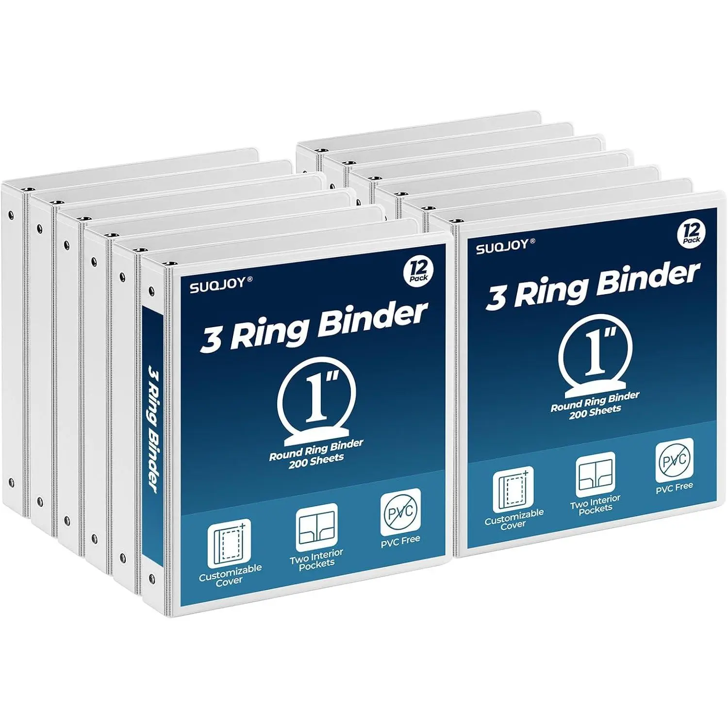 SUQJOY 1 Inch 3 Ring Binders 12 Pack, Clear View Binder Bulk, White PVC-Free 3-Ring Binders for School, Office or Home, Fits 8.5 x 11 Inches Paper2026