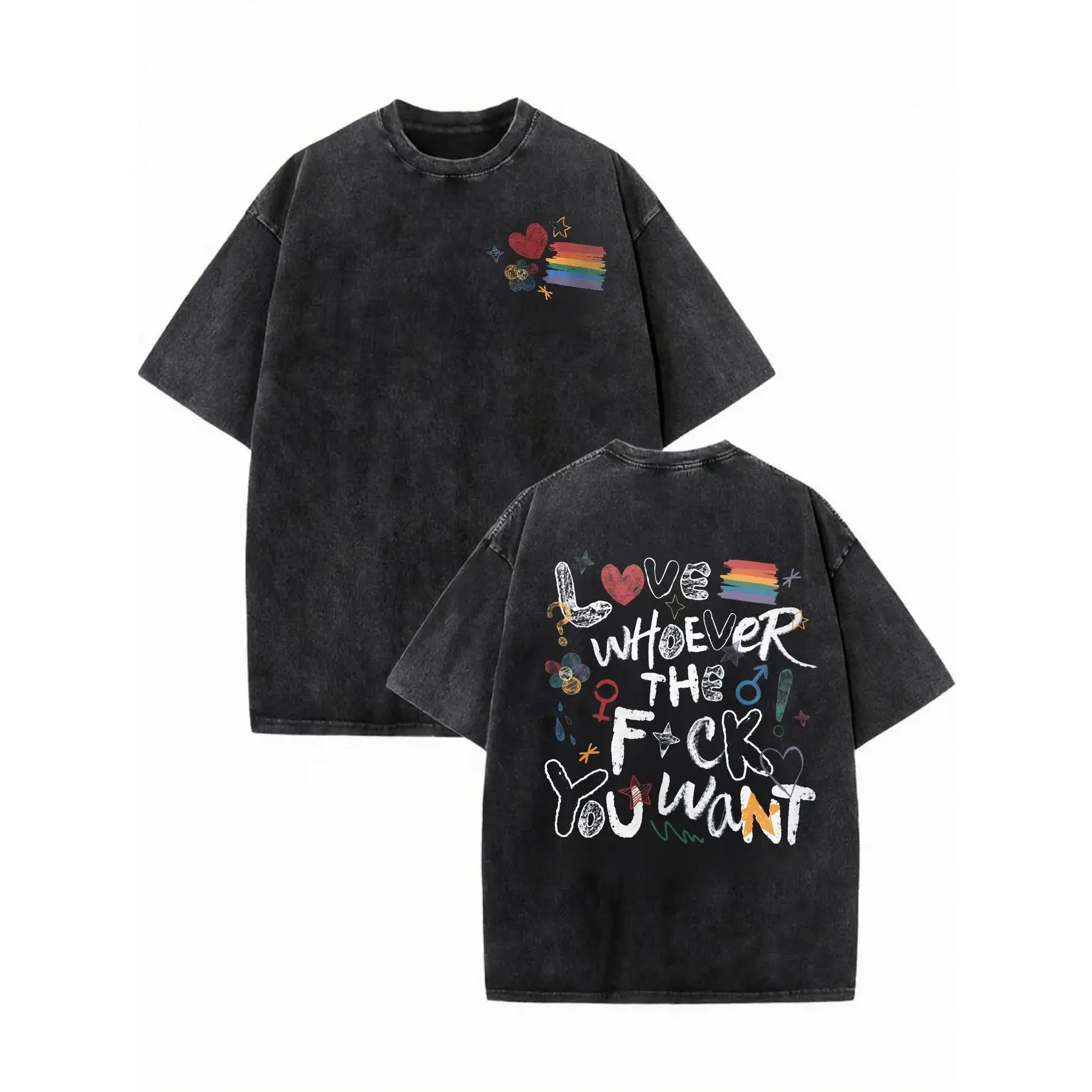 Vintage Washed Black Cotton T Shirt Love Whoever You Want Rainbow Pride Graphic Oversized Short Sleeve Tee For Men Women Streetwear