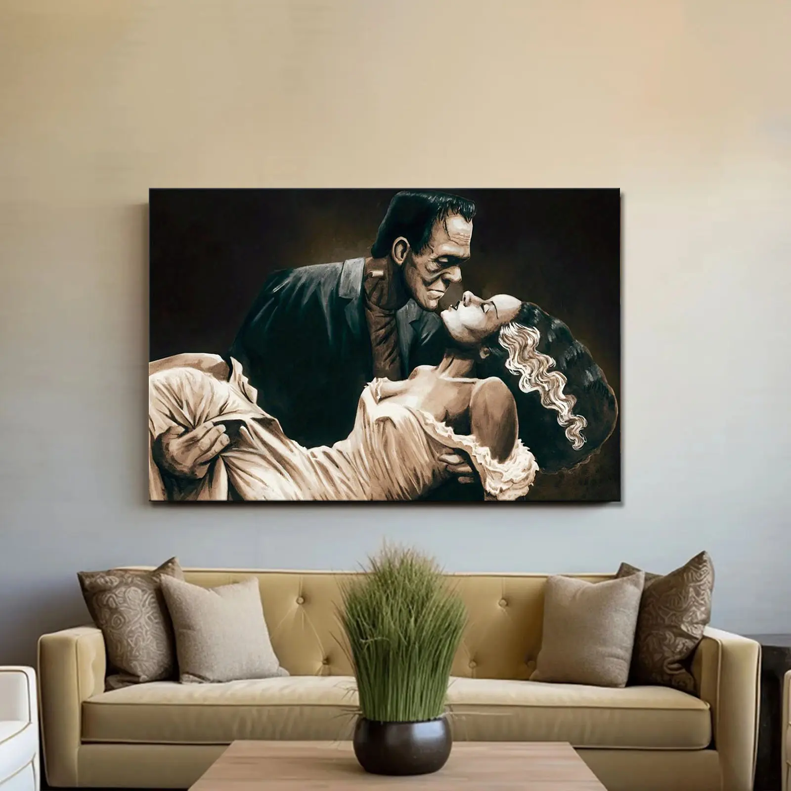 1pc Wrapped Wooden Frame Neutral Frankenstein and His Bride Halloween Print, Art Poster Print, Dark Academia, Gothic Wall Art, Gothic Prints rimless