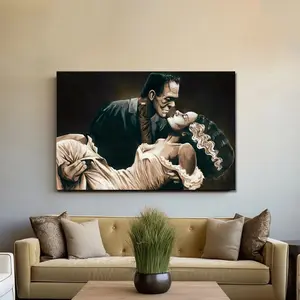 1pc Wrapped Wooden Frame Neutral Frankenstein and His Bride Halloween Print, Art Poster Print, Dark Academia, Gothic Wall Art, Gothic Prints rimless