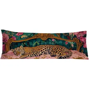Leopard Floral 20x54  Pillow Cover,  Room Decor, Trendy Retro Sleepy Leopard   Decorative Long  Pillow Cases for Bed Couch