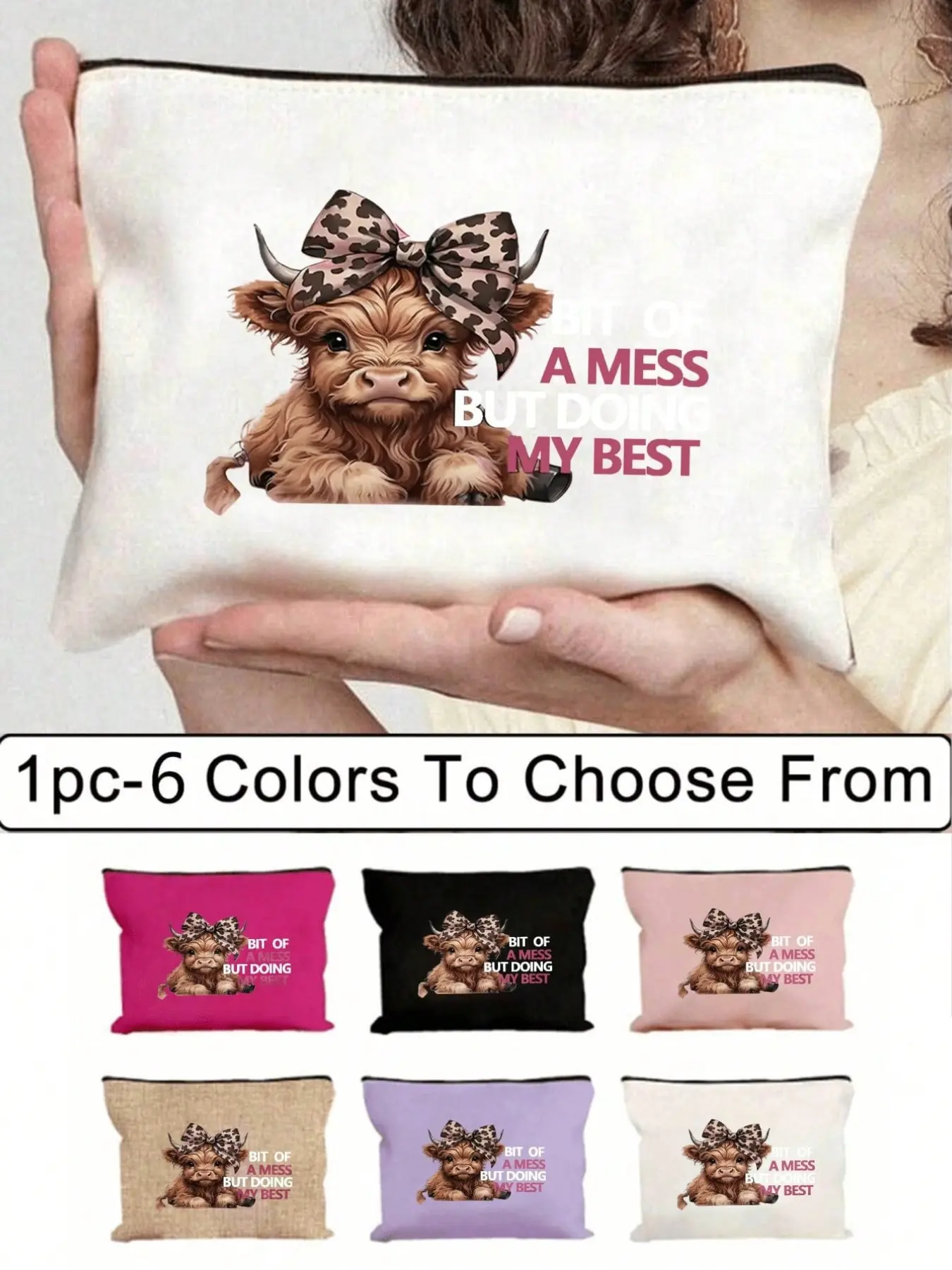 Cute Highland Cow Pattern Makeup Bag, Portable Travel Organizer, Travel Cosmetic Bags, Zipper Cosmetic Pouch, Cosmetics Organizer, Multifunctional Storage for School Supplies & More
