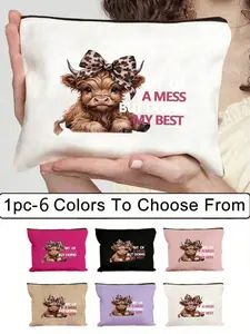 Cute Highland Cow Pattern Makeup Bag, Portable Travel Organizer, Zipper Cosmetic Pouch, Cosmetics Organizer, Multifunctional Storage for School Supplies & More