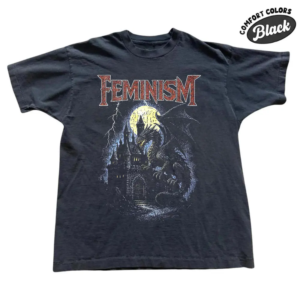 The Feminism Dragon Fantasy Vintage Comfort Color Shirt, Feminism Shirt, Dark Art Grunge Castle Dragon Gothic Top, For Men And Women Size S-3XL, Gift for Men, Gift for Women, Crew Neck T-shirt, Trending T-shirt