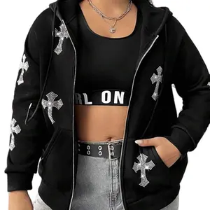 Plus Rhinestone Cross Pattern Drawstring Zipper Thermal Hoodie - Black Long Sleeve Pullover for Winter Women's Comfort - Womenswear, Sweatshirts