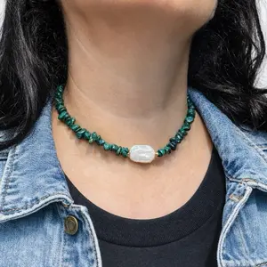 Statement handmade choker-Authentic stones Natural river water pearl in rectangular shape - delicate natural green crushed stones