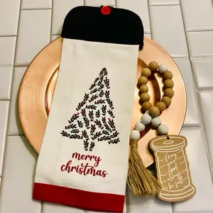 Christmas Kitchen Potholders Towels with Button Closure - 100% Cotton Merry Christmas Tree Design Fun Kitchen Decor