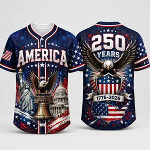 2026 USA 250 Navy Blue Button Down Baseball Jersey for Men, Eagle Shield Graphic, Statue of Liberty Bell Capitol Print, 1776 2026 Anniversary, Short Sleeve Patriotic Baseball Top for July 4th Game Day Outfit