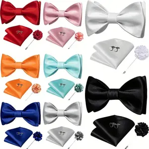Men's Classic Bow Tie and Pocket Square Cufflinks Lapel Pin Set 5 Pieces Simple Style for Daily Wear Business Gift for Men Friends and Family