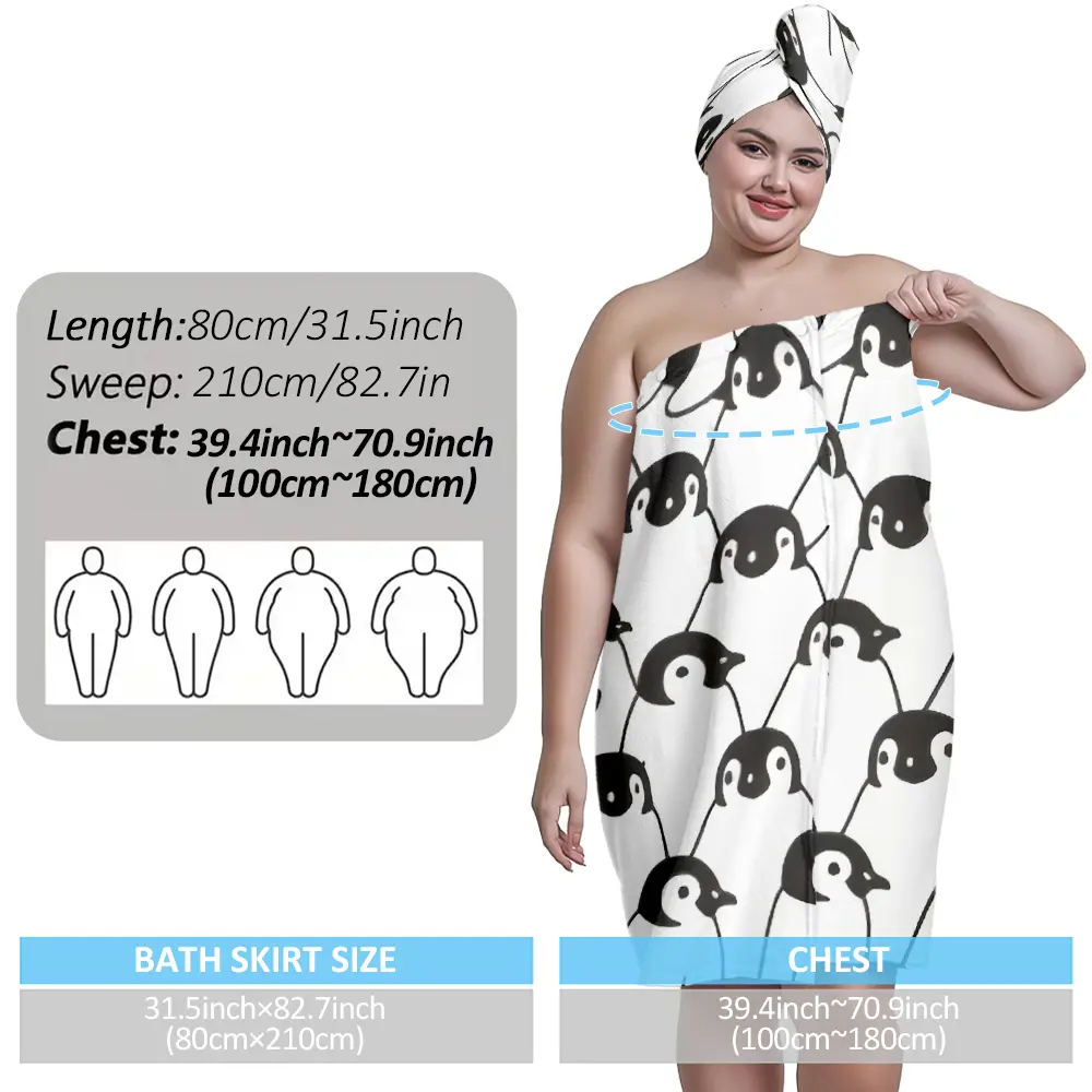 XXXXL plus size bath skirt set, simple and cute penguin design, suitable for women, after bath spa and swimming pool absorbent hair wrap. Home / travel essentials