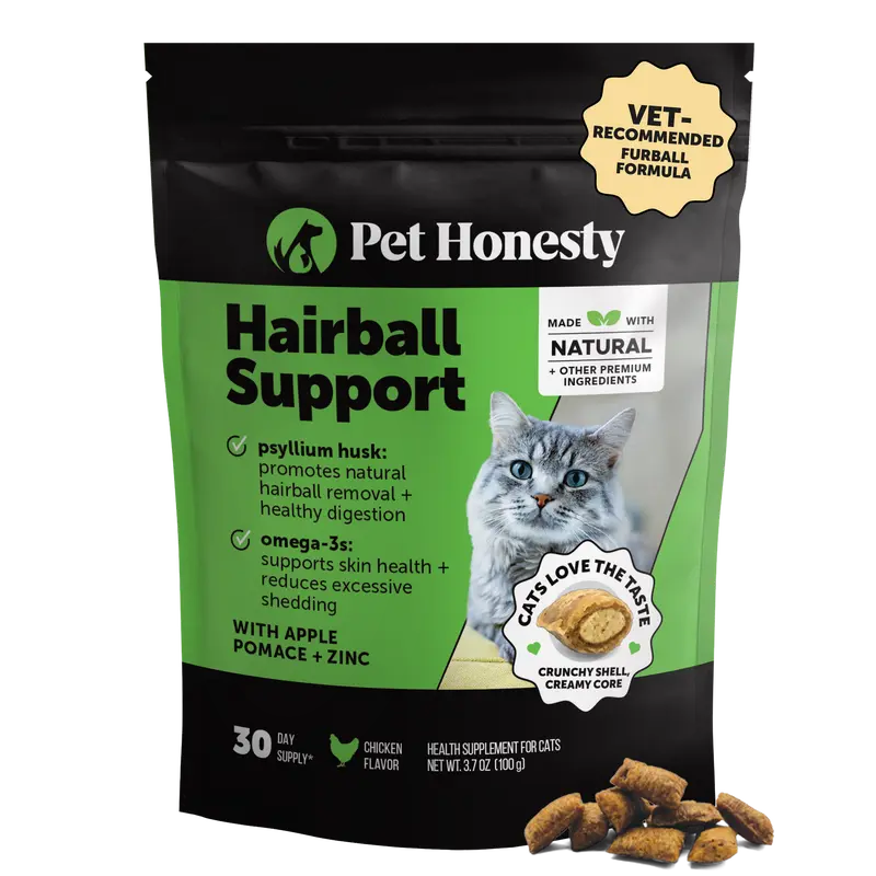Pet Honesty Hairball Support Supplement for Cats, Tasty Treats with Psyllium Husk and Fish Oil for Healthy Skin + Coat and Digestive Health - Chicken