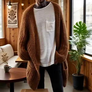 Mid to long length knitted sweater for men in autumn and winter, coarse needle cardigan, sweater jacket