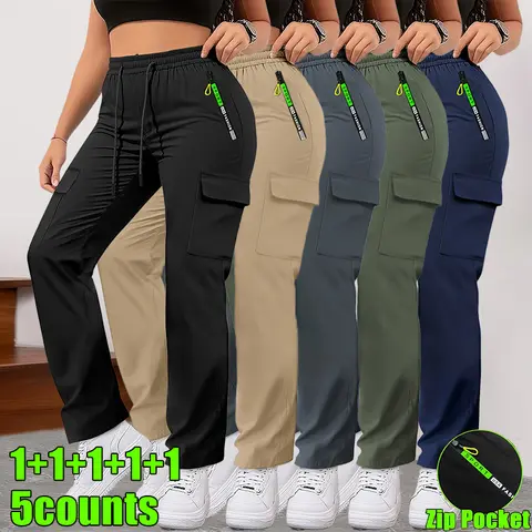 Women’s 5-Pack Lightweight Solid Plain Cargo Pants, Activewear Athletic Bottom, Drawstring Waist, Multiple Pockets, Stylish Zippered Front Pockets, Straight Leg Casual Athletic Long Pants for Spring/Autumn, Outdoor Activities & Everyday Wear