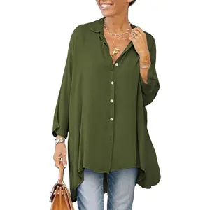 Womens Oversized T Shirts Button Down Long Sleeve Shirt V Neck Collar Loose Flowy Blouse