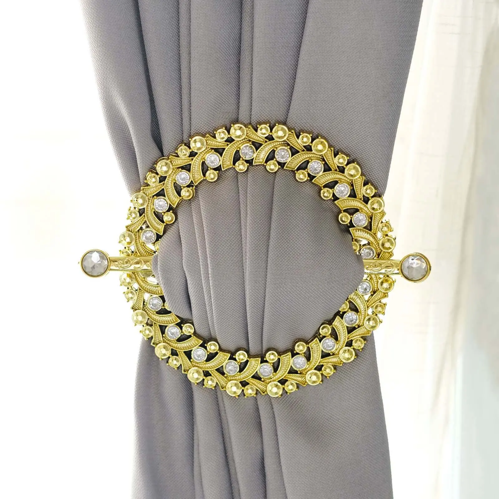 Curtain Tie Backs, 2-Pack 7" Gold Barrette-Style Acrylic Crystal Window Dressing Accessories, Round Drapery Brooch Holdbacks for Room Decoration