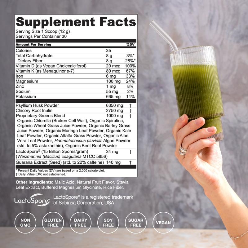 Hona Fiber + Greens – 8g of Fiber Per Serving to Promote Digestive Regularity, Reduce Bloating, and Support a Healthy Gut Microbiome - Enhanced with Pre & Probiotics, Chlorophyll, and Super Greens for Clean Energy, Immune Support, and Daily Vitality